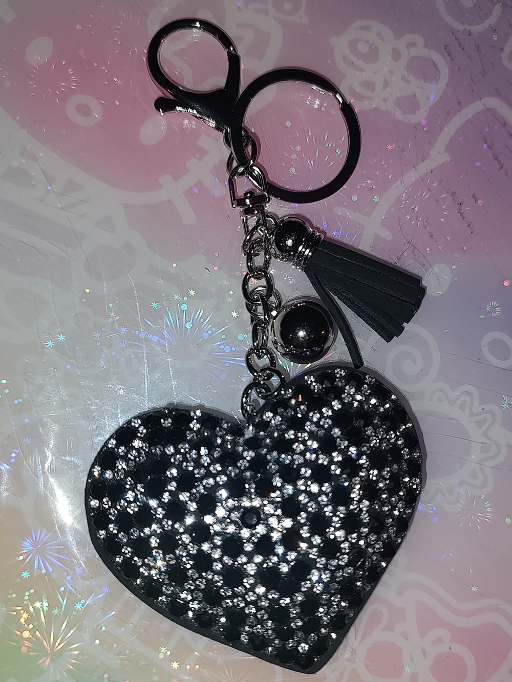 Sparkle Black Heart Keychain with Tassel